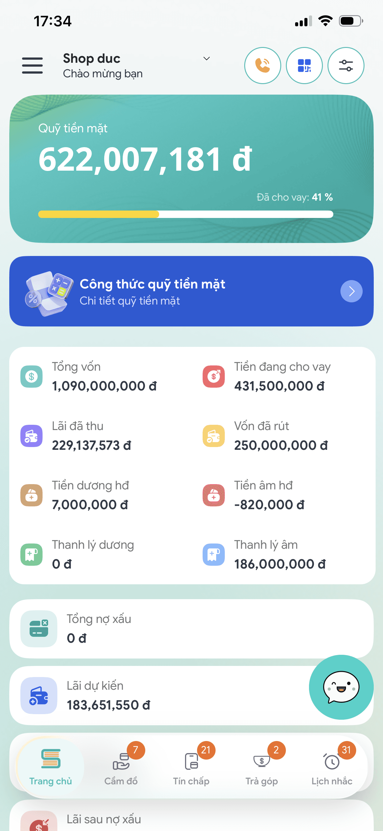 Màn hình trang chủ tổng quan trên app Sổ Cầm Đồ